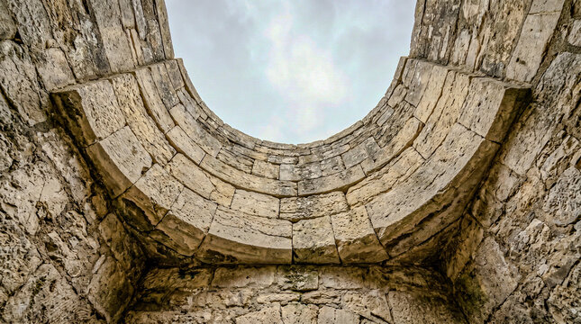 Ancient stone arch from below warm ivory limestone chisel marks, mono minimalism