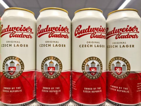 Hamburg, Germany - 06. June 2026: Budweiser Budvar original Czech lager cans on display