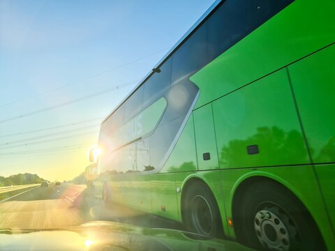Leipzig, Germany - 25. May 2026: FlixBus driving on German highway at sunset