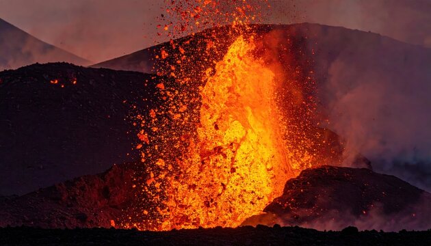 Volcanic vent erupting with molten lava and exploding rock fragments captured in a low angle shot.