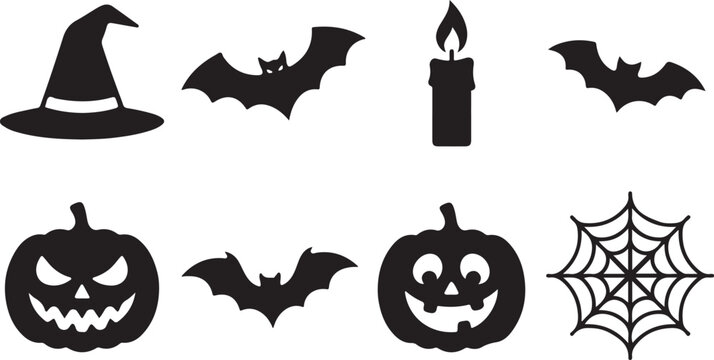 Halloween icons, black silhouettes, spooky symbols, 8 vector graphics