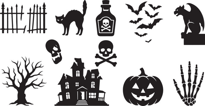 Halloween icons, black silhouette set, spooky symbols, 13 vector graphics