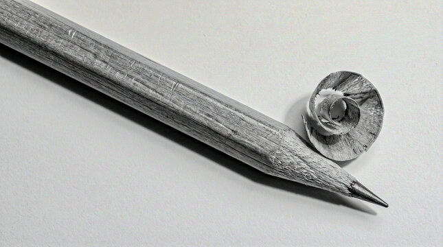 Sharpened pencil diagonal chalk white shadow, graphite tip wood shaving micro detail