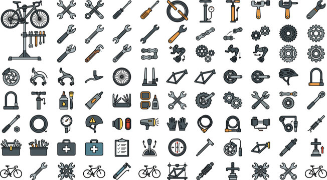 Bicycle repair shop and mechanic tools vector icon set featuring wrenches screwdrivers pumps chains tires helmets frames and bike maintenance equipment illustrations