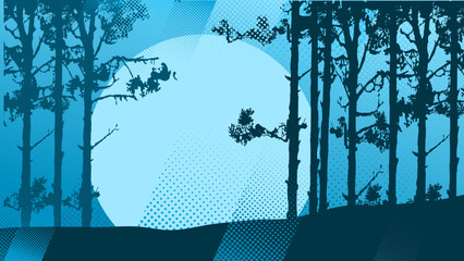 Pine forest silhouette with full moon, vector background © KR Studio