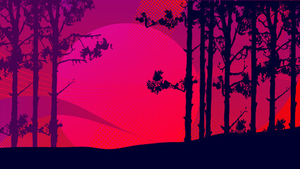 Pine forest silhouette with full moon, vector background © KR Studio