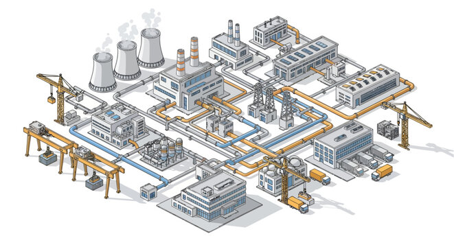 Isometric industrial factory complex with manufacturing plants and cooling towers.