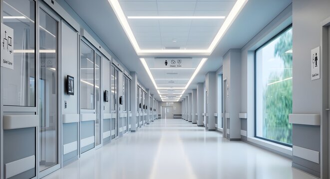Modern hospital corridor with glass doors and bright interior lighting