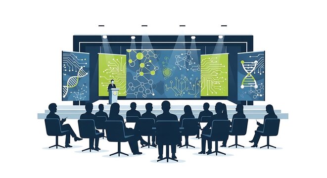 Business professionals attending a digital marketing conference presentation.