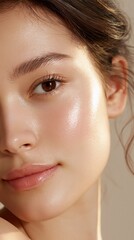 Fototapeta premium Close-up portrait of young woman with glowing, healthy, radiant skin and soft natural light