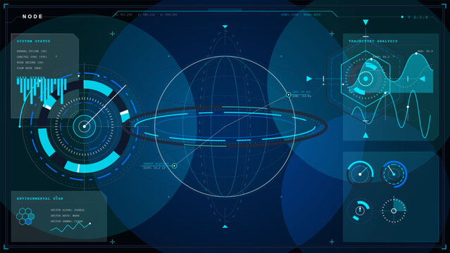 Futuristic sci-fi HUD dashboard with glowing cyan radar gauges, orbital globe display, data panels, and trajectory charts on dark background