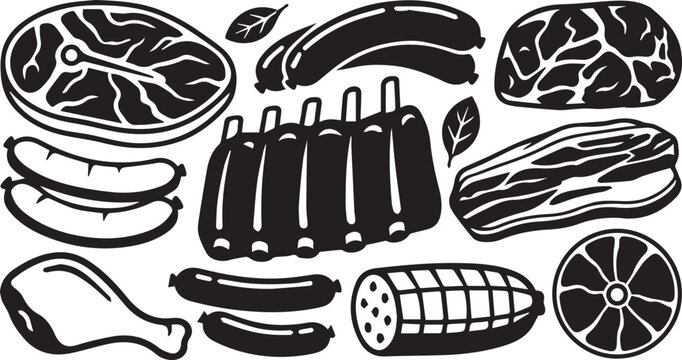 Fresh Meat and Sausages Silhouette Icons Set for Butchery