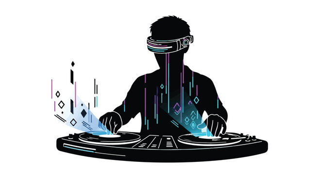 DJ wearing VR headset mixing music with futuristic digital graphics