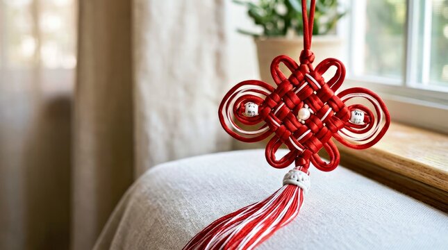 Red and White Tasseled Knot Decoration Hanging on Windowsill With String