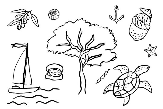 Italian or greek style vacation doodle, hand drawn vector illustrations in grunge scribble rough sketch style elements. Lemonice, olive wood, boat, shell, turtle. Drawings for poster, placard. vector