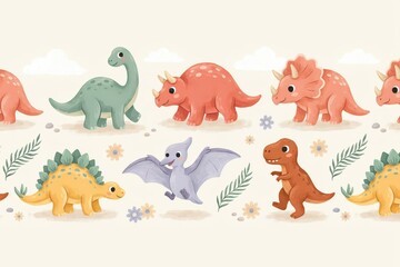 Obraz premium Seamless pattern with cute cartoon dinosaurs, including triceratops, diplodocus, and pterodactyl, with flowers and leaves on a light background