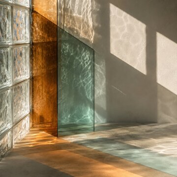 Lumi&egrave;re solaire abstraite &agrave; travers du verre color&eacute; architectural