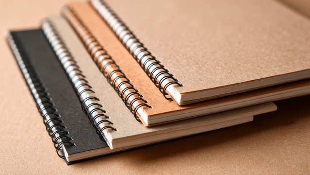 Top down close up of a stack of spiral notebooks on a desk with notebook