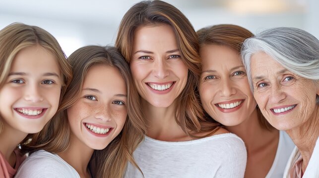 Five smiling women of different ages grouped together, representing generations and family bonds