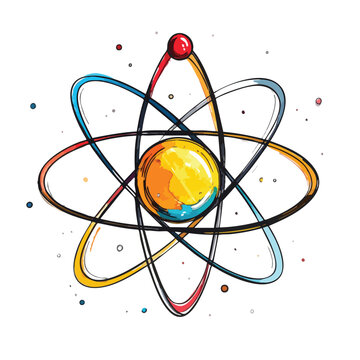 Colorful hand drawn atom illustration representing scientific research and atomic structure.
