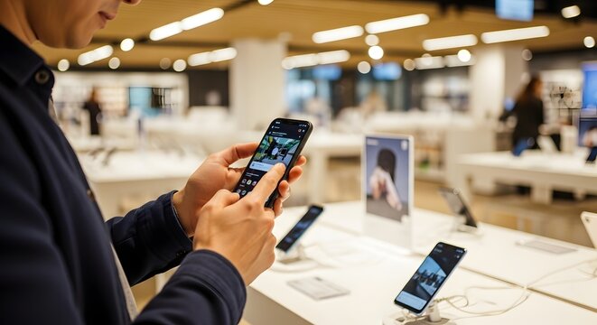 Person using a smartphone to check mobile phone features in a modern technology store display
