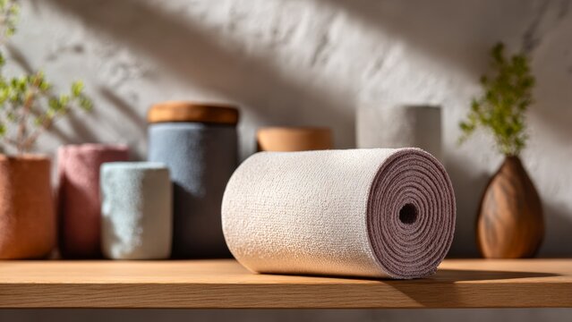 Decorative patterned fabric roll standing on wooden shelf with ceramic pots