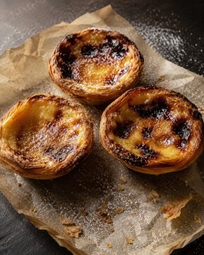 Past&eacute;is de nata dor&eacute;s sur papier parchemin avec sucre glace