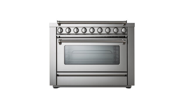 Isolated professional stainless steel oven range with multiple control knobs and glass door