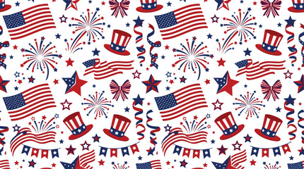 Obraz premium Patriotic American seamless pattern with USA flags and Uncle Sam hats. Fourth of July holiday vector background with fireworks and stars. Red white and blue Independence Day festive texture.
