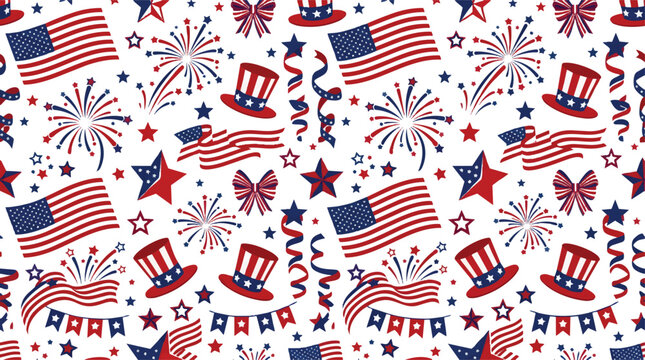 Patriotic American seamless pattern with USA flags and Uncle Sam hats. Fourth of July holiday vector background with fireworks and stars. Red white and blue Independence Day festive texture.