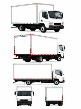 Commercial delivery truck vehicle template for branding presentation showcasing side front and rear perspectives with blank cargo panels for custom company logo placement in diverse logistical