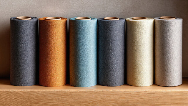 Set of six multi-colored thread spools arranged on wooden surface with colorful