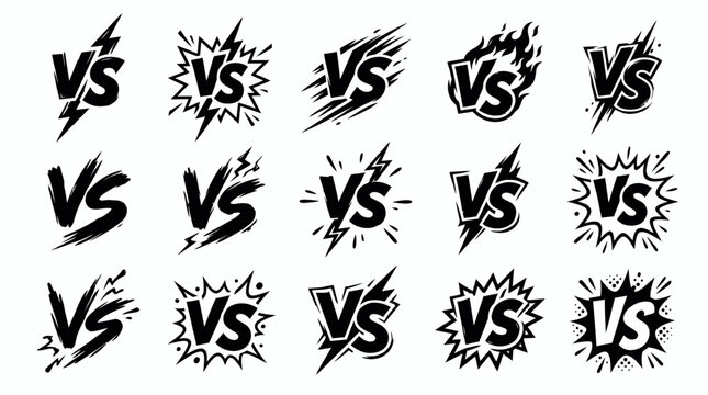 Vector collection of stylized 'VS' logos with dynamic lightning, explosion, fire and brush stroke effects, Illustrating fierce competition and a strong sense of duality
