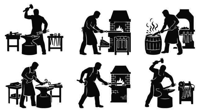 Blacksmith working at anvil in workshop silhouette minimalist vector art