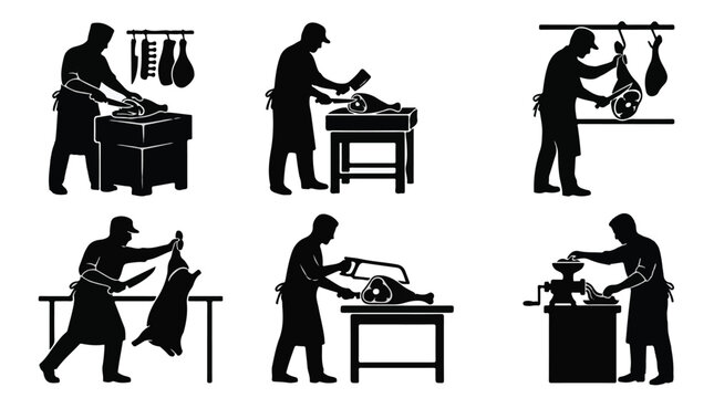 Butcher preparing meat at workstation in minimalist silhouette style illustration