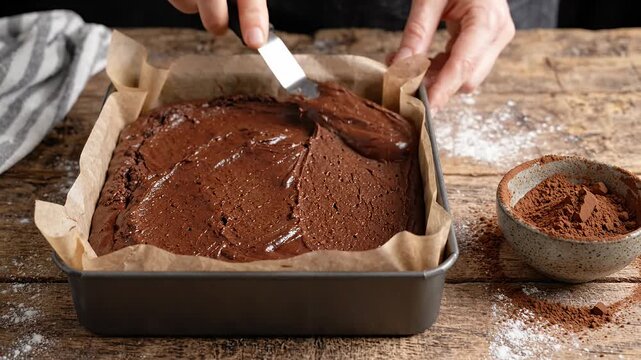 Person spreading chocolate brownie batter inside pan. Metal spatula smoothing mixture. Baking dessert.