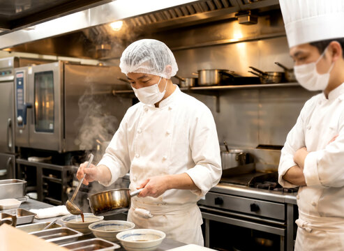 Professional Asian chef wearing protective face mask and hairnet pouring hot soup with ladle into bowls while working in commercial restaurant kitchen interior.