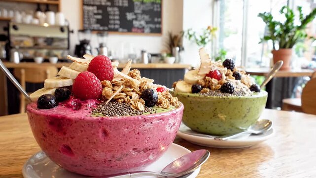 Pink berry smoothie bowl with granola. Healthy breakfast meal. Fruit snack raspberry banana blackberry.