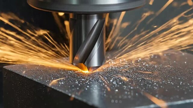 Industrial drilling process with sparks flying.