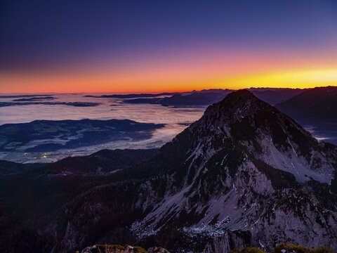 Dawn in the mountains, view of Salzburg with fog, Hochstaufen, Zwiesel, Bad Reichenhall, Berchtesgadener Land, Upper Bavaria, Bavaria, Germany