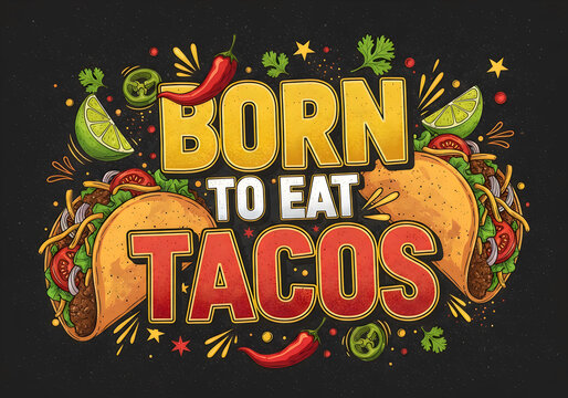 Born to eat tacos typography design with delicious taco illustrations, chili peppers, lime wedges, and cilantro on a dark background