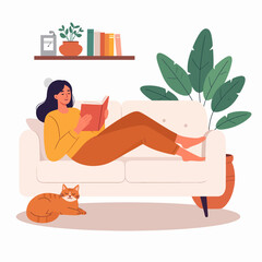 Obraz premium Young woman relaxing on sofa reading book with pet cat at home.