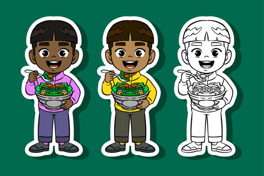 Boy Eating Salad Illustration Set