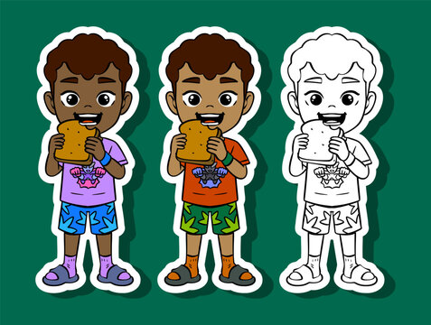 Boy Eating Sandwich Illustration Set