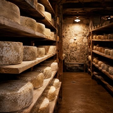 Cave de maturation avec meules de fromage sur &eacute;tag&egrave;res en bois