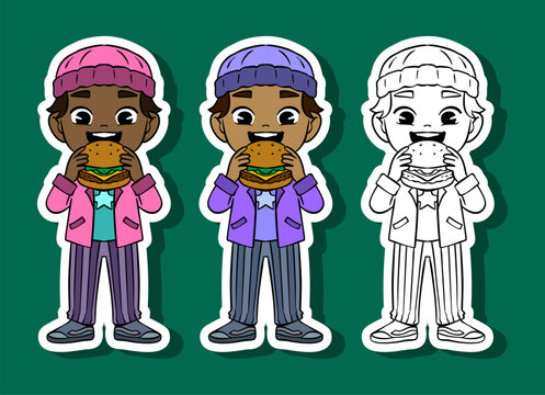 Boy Eating Burger Illustration Set