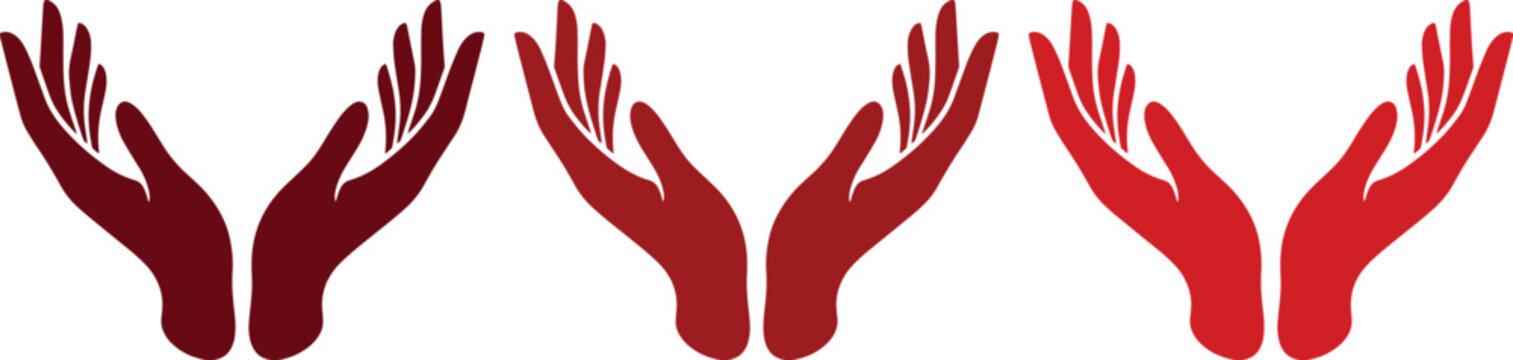 Red cupped hands vector icon set, three pairs of open palms in varying shades of red, symbolizing care, giving, and support, ideal for charity and wellness designs.