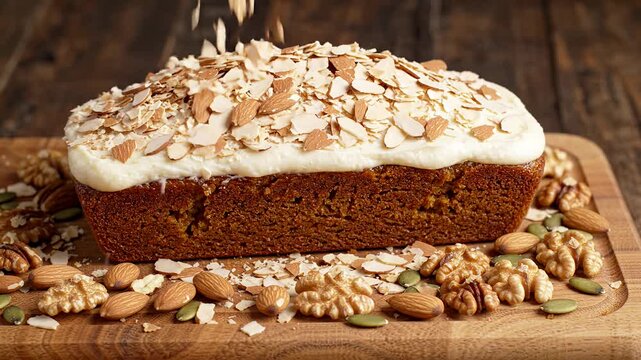 Pumpkin bread loaf topped with white frosting. Almond flakes falling down. Nuts scattered on wood board.