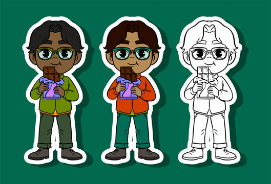 Boy Eating Chocolate Bar Illustration Set