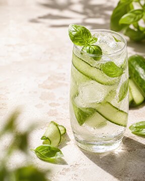 Boisson fra&icirc;che au concombre et basilic en lumi&egrave;re estivale